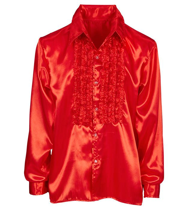 70s Disco Fashion Red Ruffle Shirt