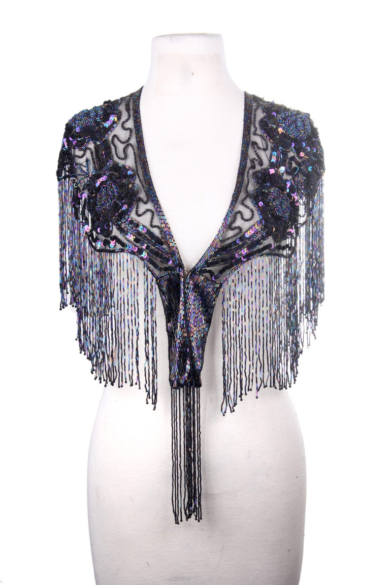 Beaded Cape Shawl with Roses - Black Iridescent