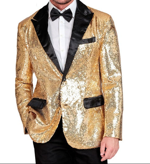 Party Fashion Gold Sequin Blazer Jacket with Satin