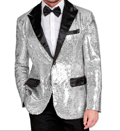 Party Fashion Silver Sequin Blazer Jacket with Satin
