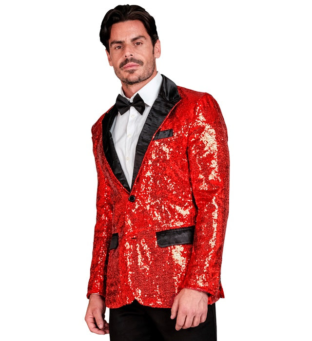 Party Fashion Red Sequin Blazer Jacket with Satin