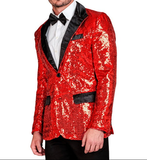 Party Fashion Red Sequin Blazer Jacket with Satin