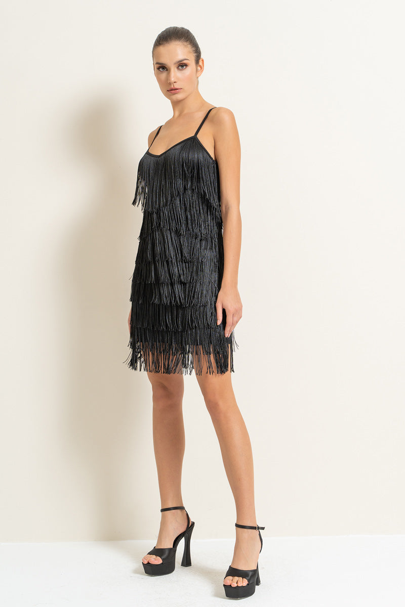 Kikiriki Black Fringe Cami Mini Dress S