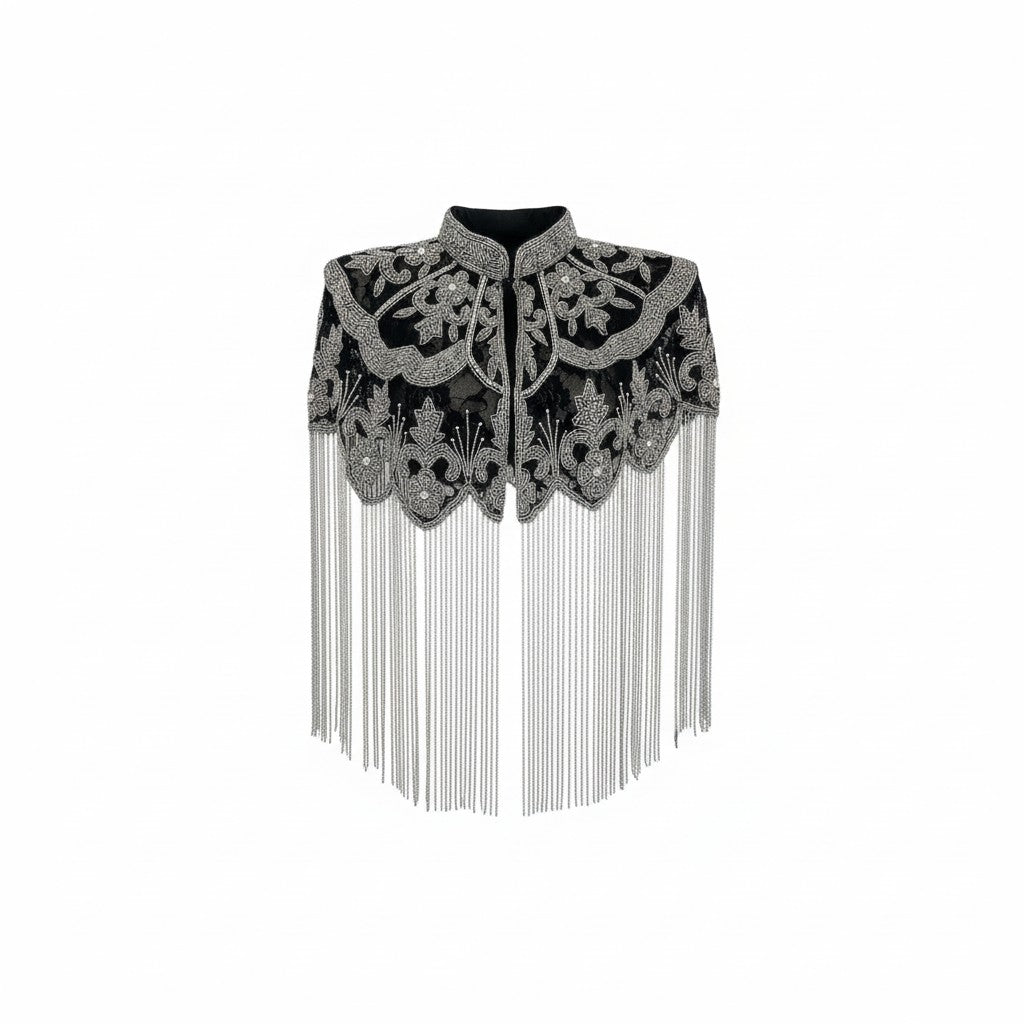 Beaded Cape with Collar & Fringing - Silver & Black COMING SOON