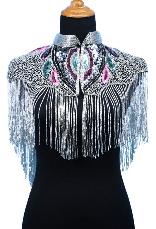 Beaded Sequin Cape with Fringing - Multi