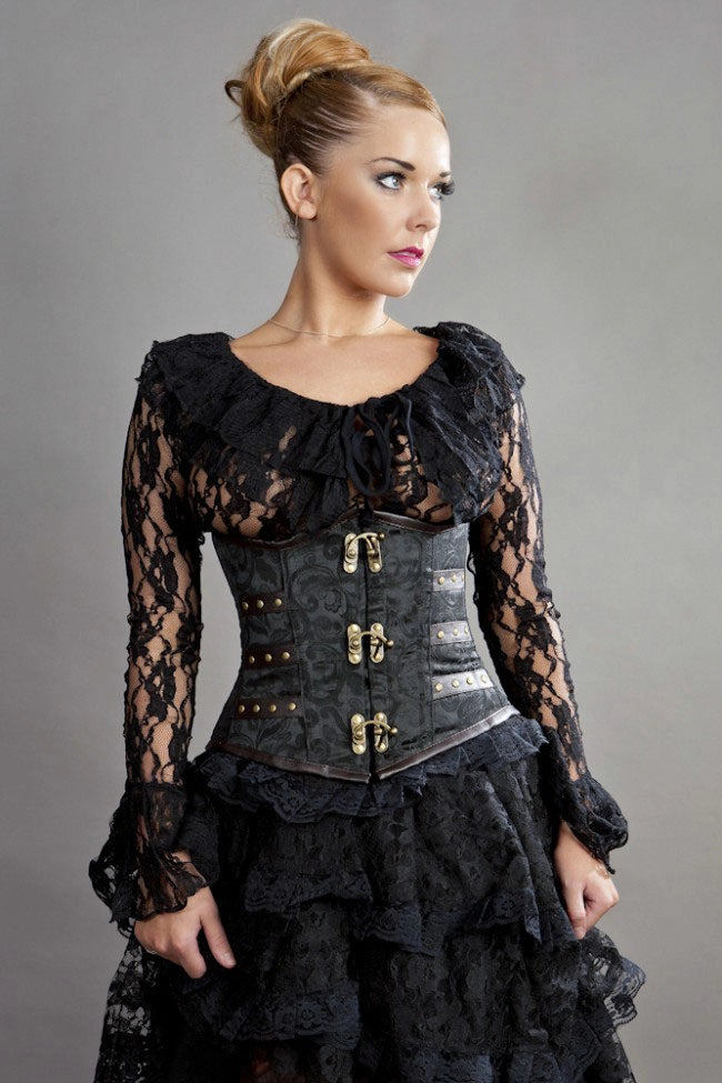 IN STORE ONLY - C-Lock Underbust Corset in Black Scroll Brocade