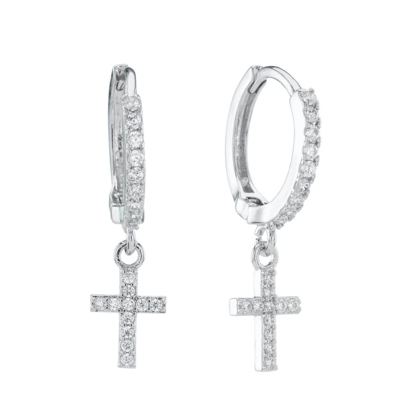 Bijoux De Mimi Camilla Cross Huggie Earrings - Silver Crystal