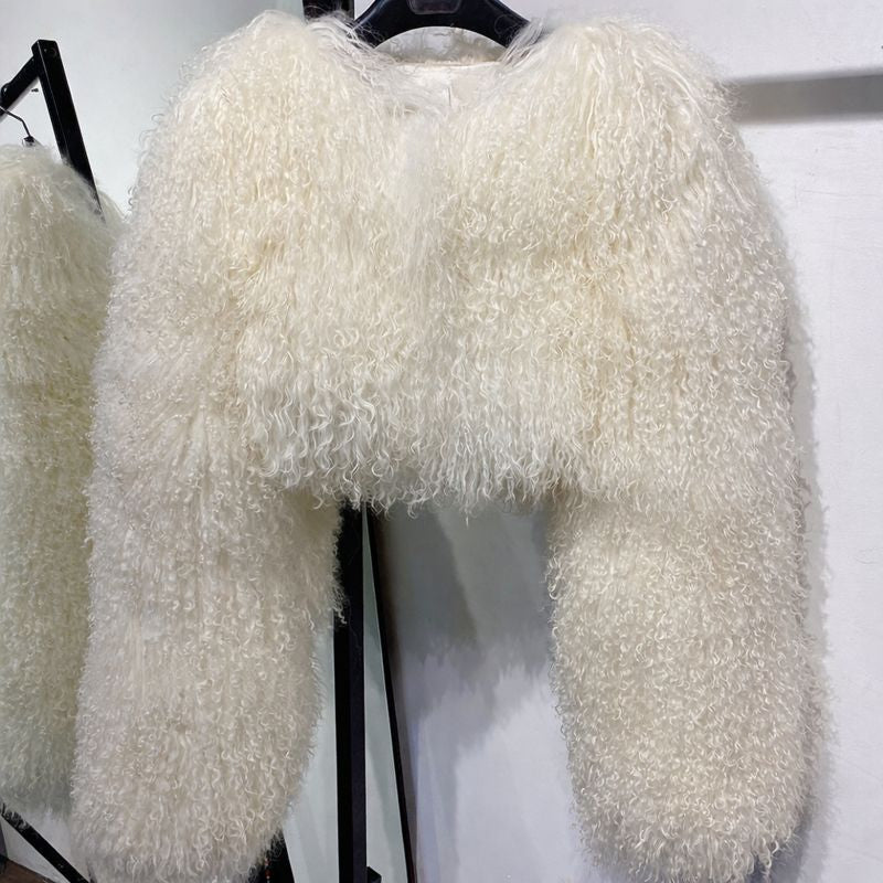 Cropped Mongolian Fur Jacket - Cream