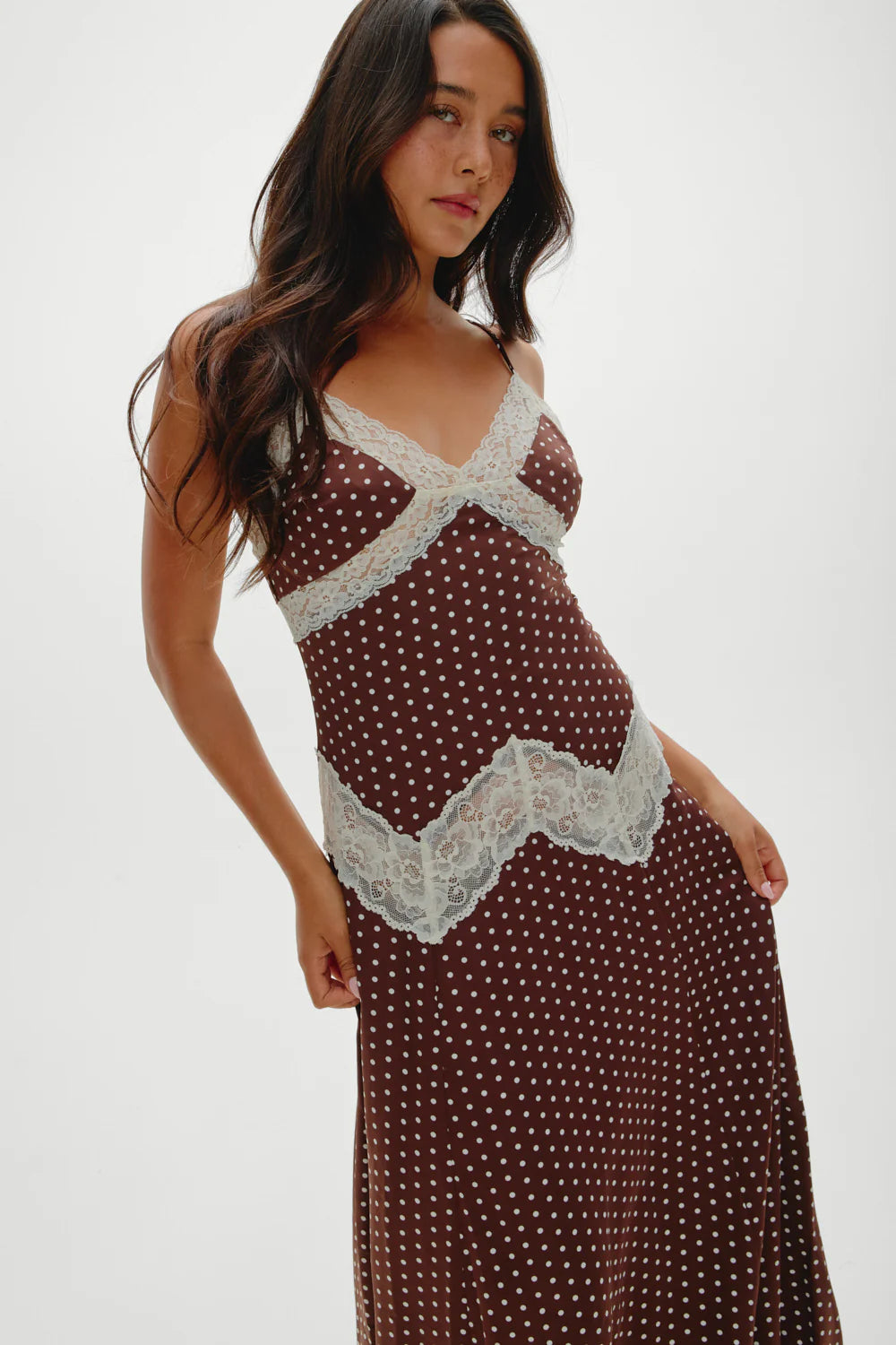 COMING SOON Frankies Bikinis Ethereal Lace Maxi Dress - Chocolate Dot