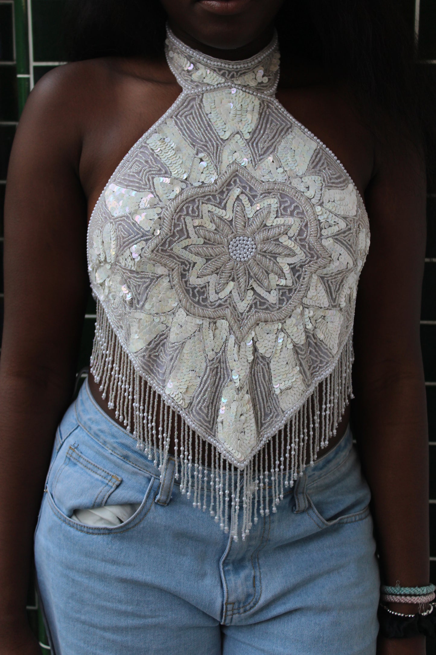 White Beaded Medallion Top