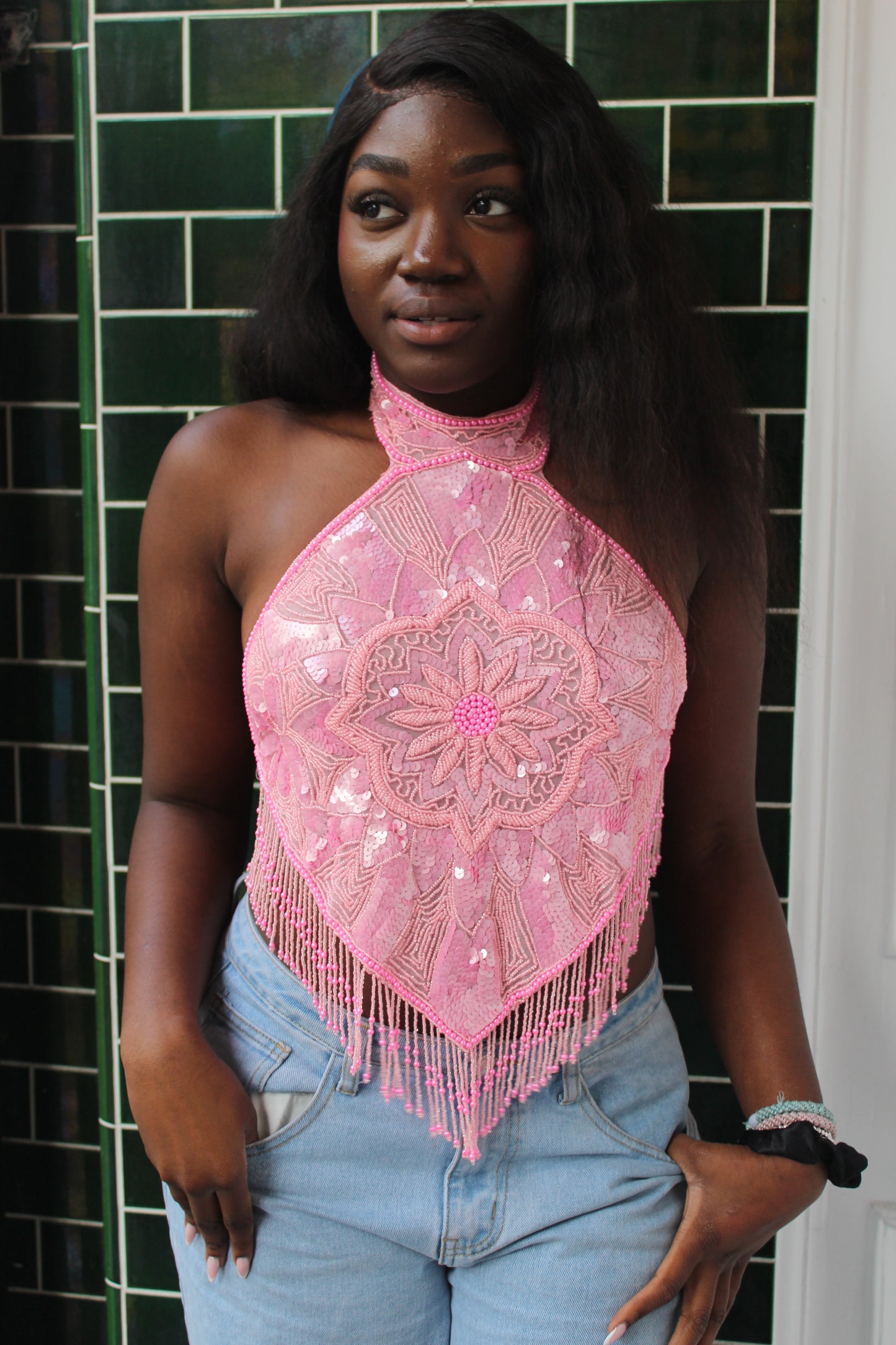 Pink Beaded Medallion Top