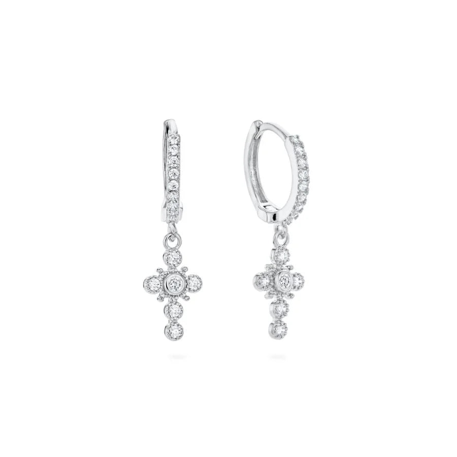 Bijoux De Mimi Isabella Cross Huggie Earrings - Silver & Crystal