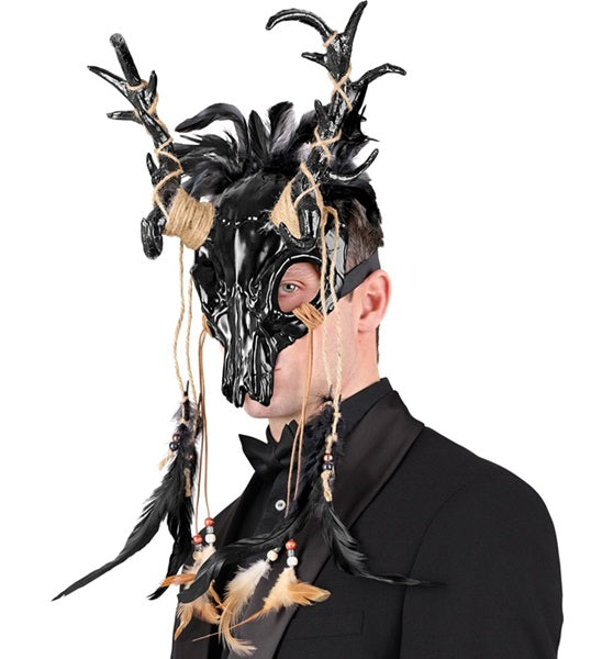 Shaman Bull Skull Mask with Feathers