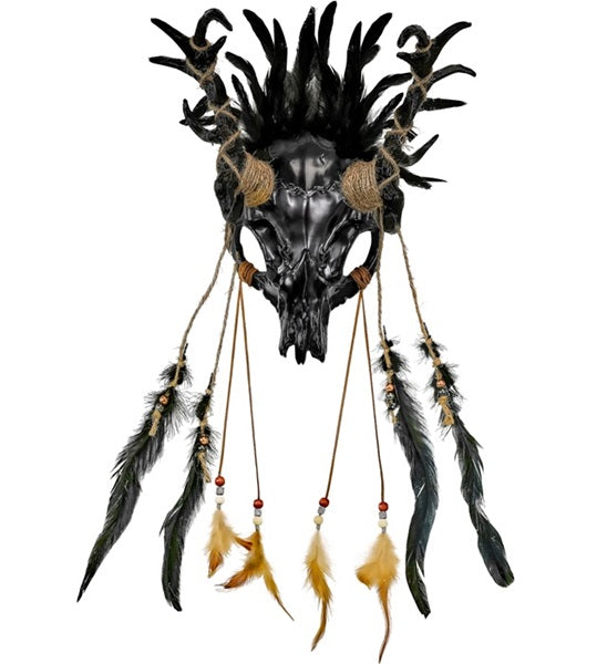 Shaman Bull Skull Mask with Feathers