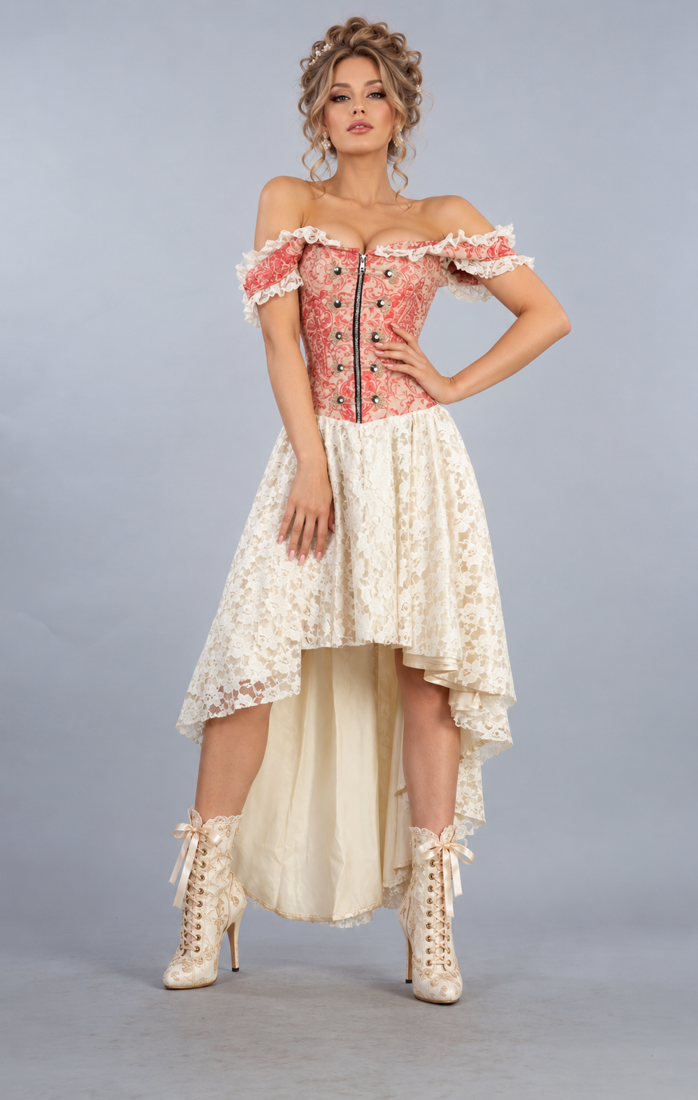 Gypsy High Low Victorian Corset Dress in Coral Cream Jacquard