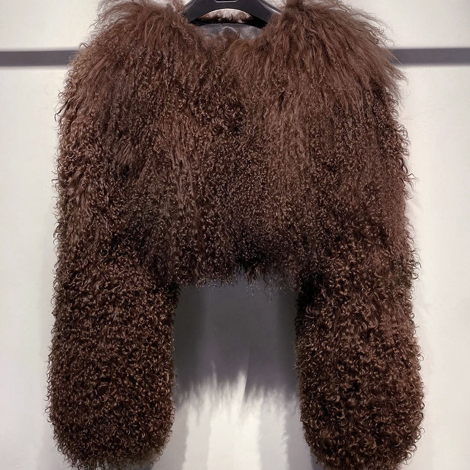 Cropped Mongolian Fur Jacket - Brown