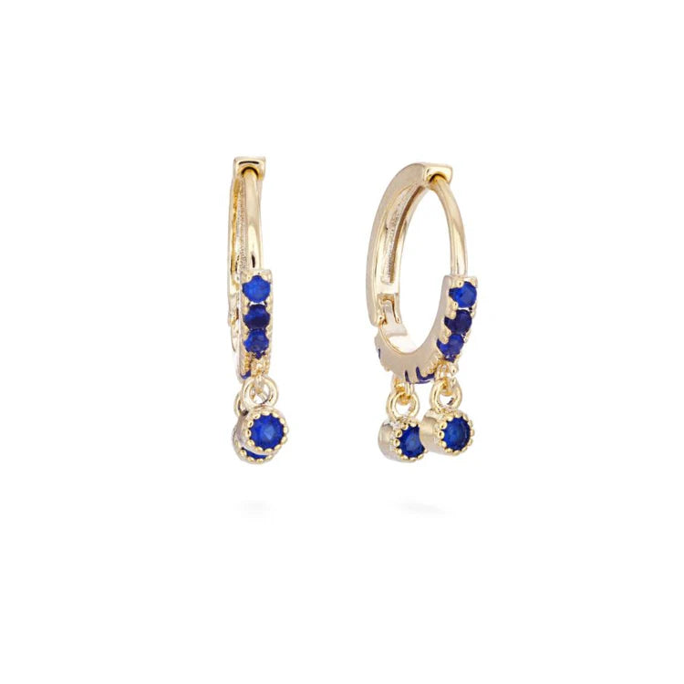 Bijoux De Mimi Camelia Blue Gold Dainty Double Gem Huggie Earrings
