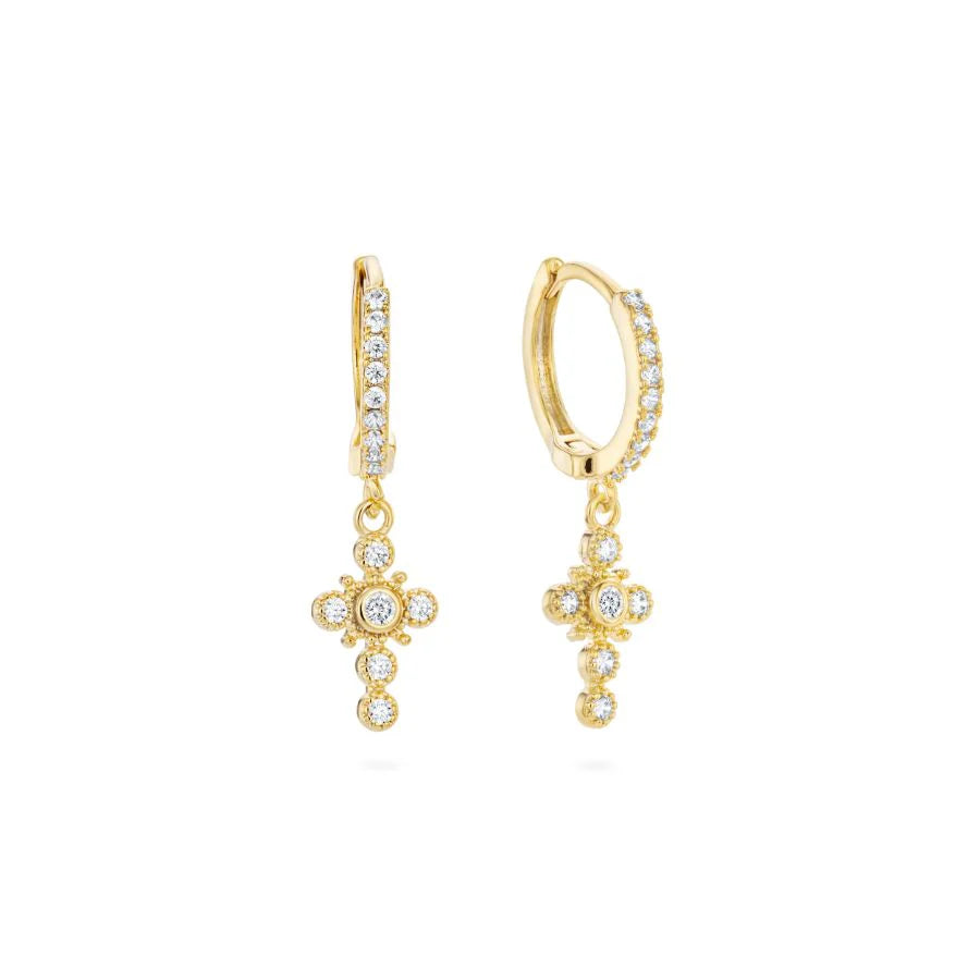 Bijoux De Mimi Isabella Crystal Gold Cross Huggie Earrings