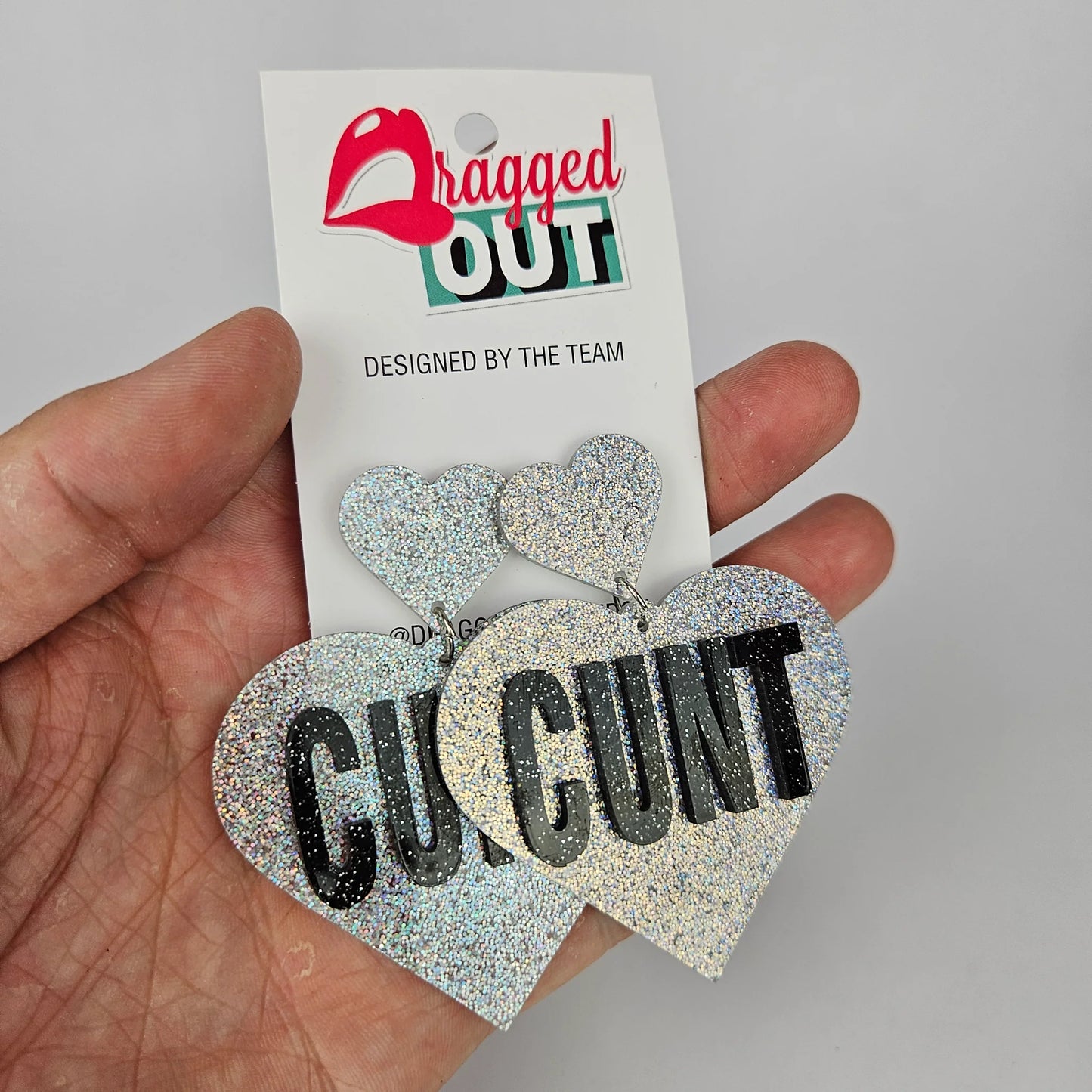 Cunt Giant Heart Earrings - Silver Glitter