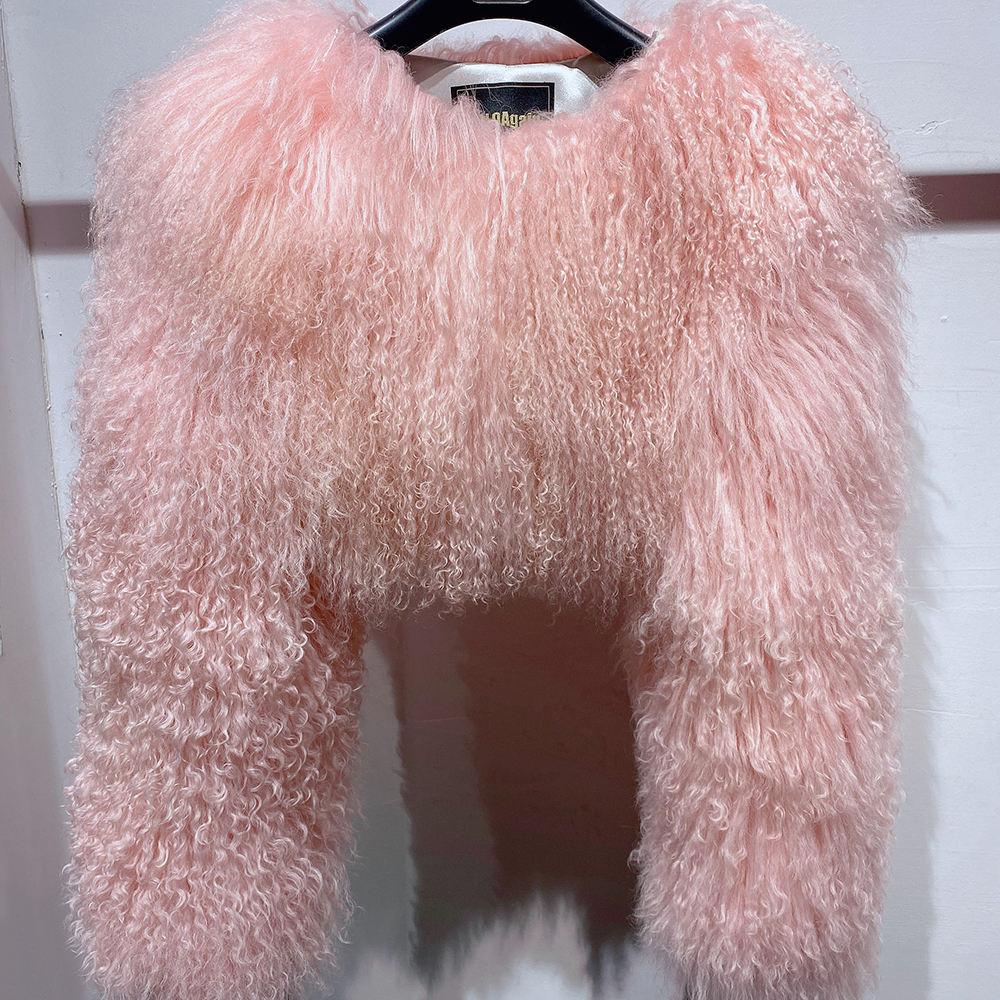 Cropped Mongolian Fur Jacket - Baby Pink