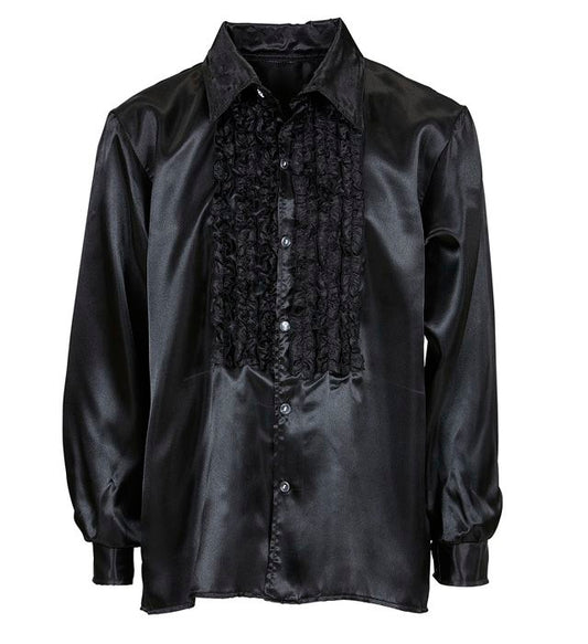 70s Disco Fashion Black Ruffle Shirt
