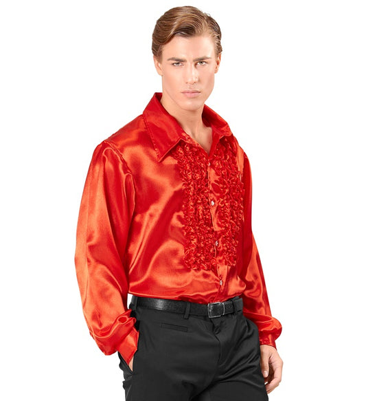 70s Disco Fashion Red Ruffle Shirt