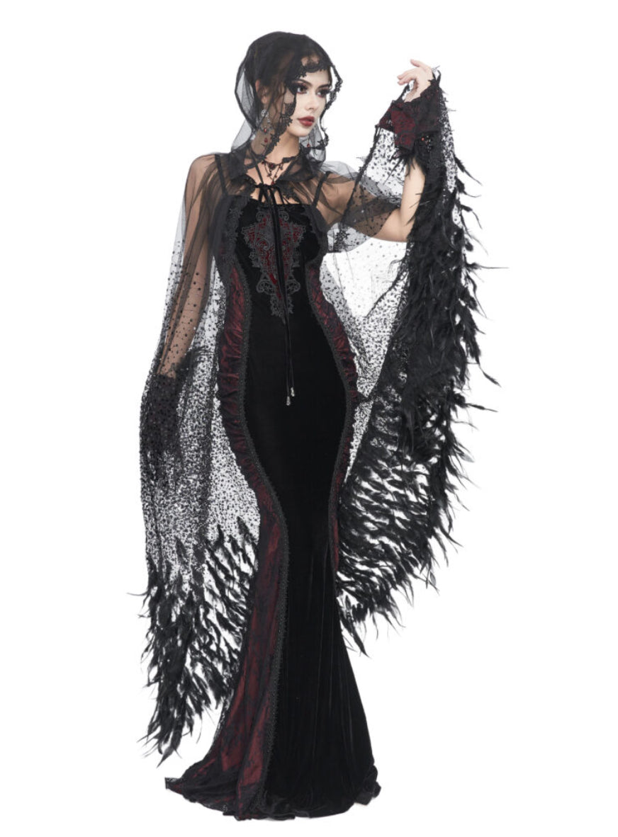 Sheer Beaded Long Cloak with Feather Trim