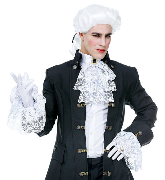 White Lace Neck Jabot with Gem & Cuffs