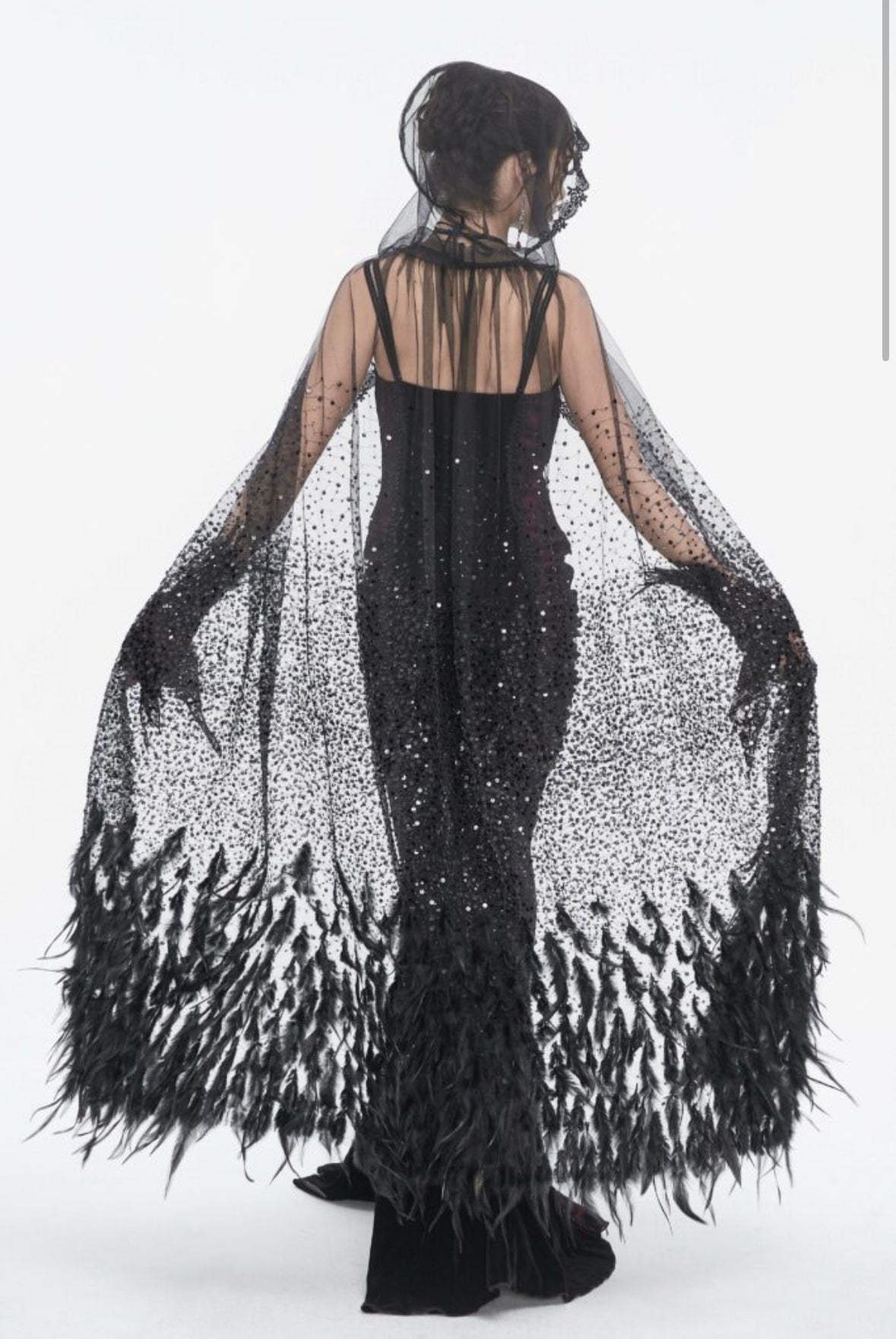 Sheer Beaded Long Cloak with Feather Trim