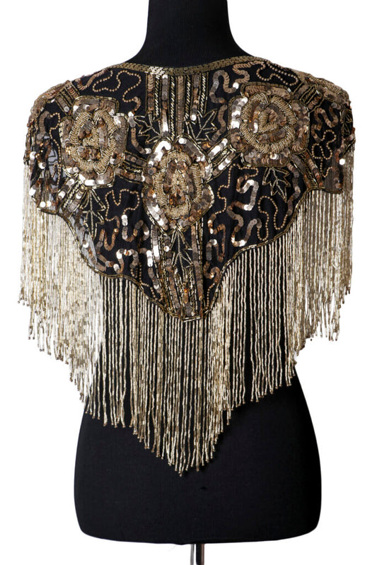 Beaded Shawl with Roses - Gold & Black