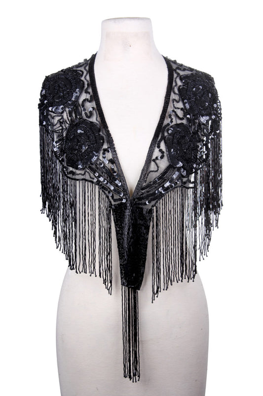 Beaded Cape Shawl with Roses - Black