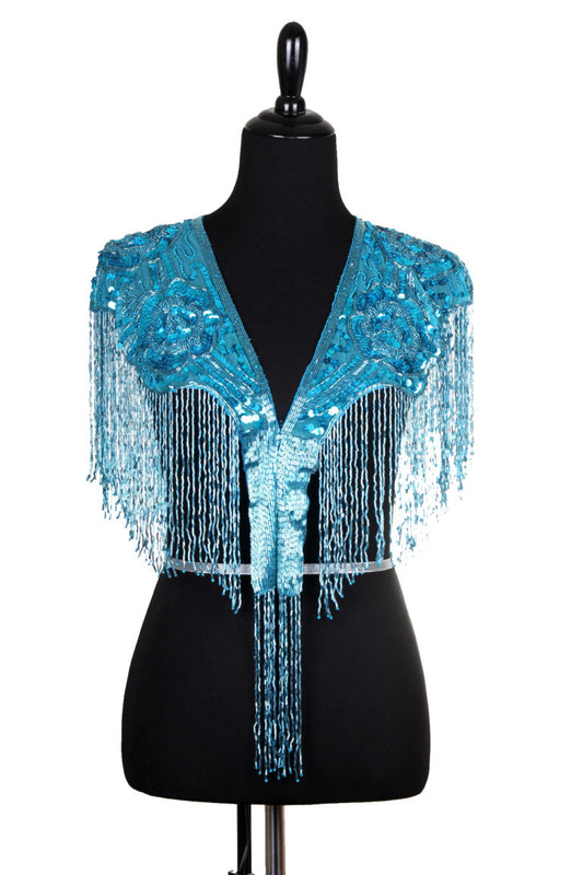 Beaded Cape Shawl with Roses - Blue