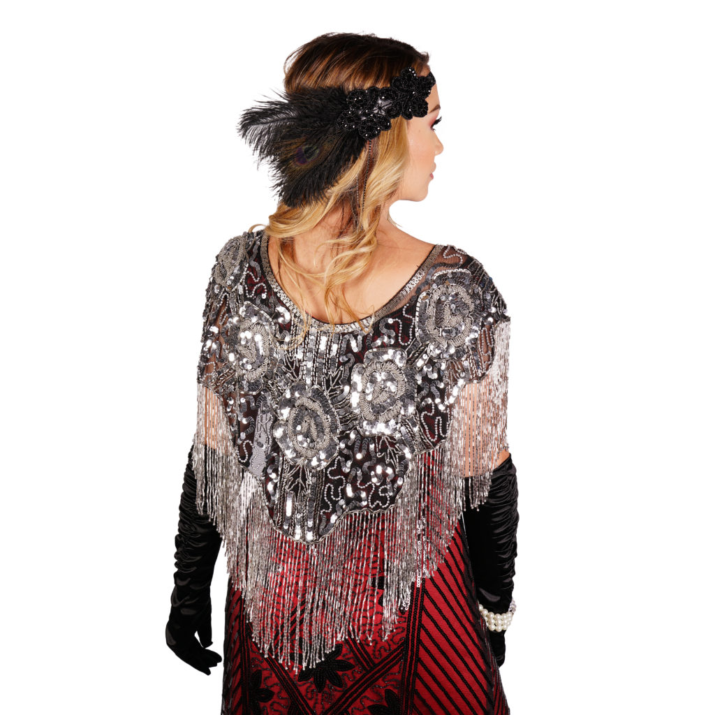 Beaded Cape Shawl with Roses - Silver