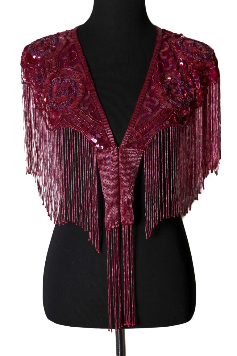 Beaded Cape Shawl with Roses - Red
