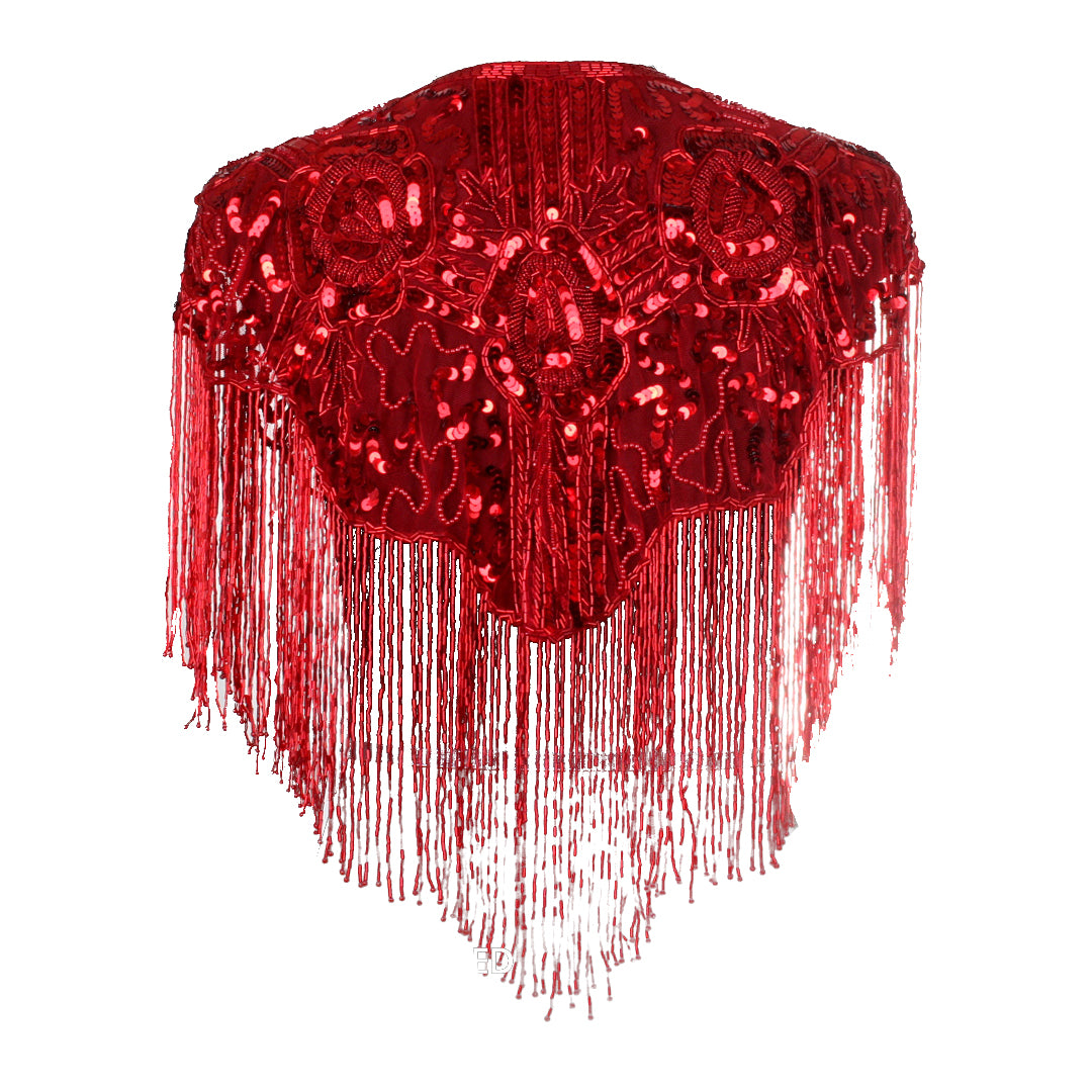 Beaded Cape Shawl with Roses - Red