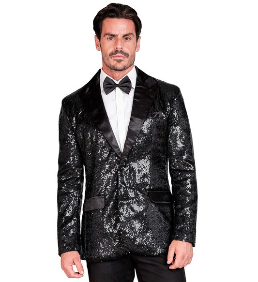 Party Fashion Black Sequin Blazer Jacket with Satin