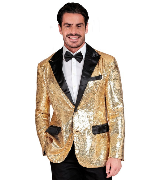 Party Fashion Gold Sequin Blazer Jacket with Satin