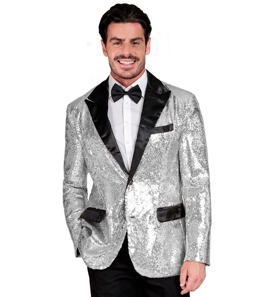 Party Fashion Silver Sequin Blazer Jacket with Satin