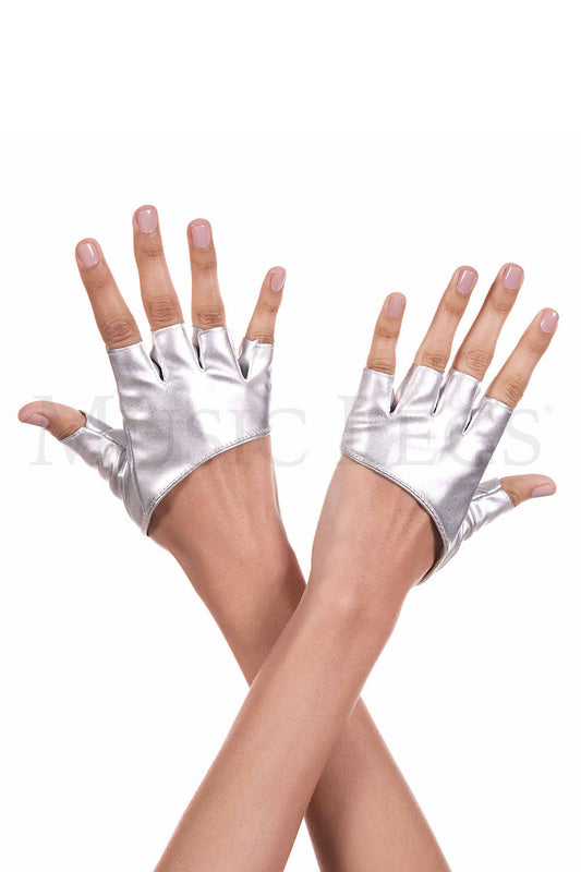 Silver Short Faux Leather Fingerless Gloves