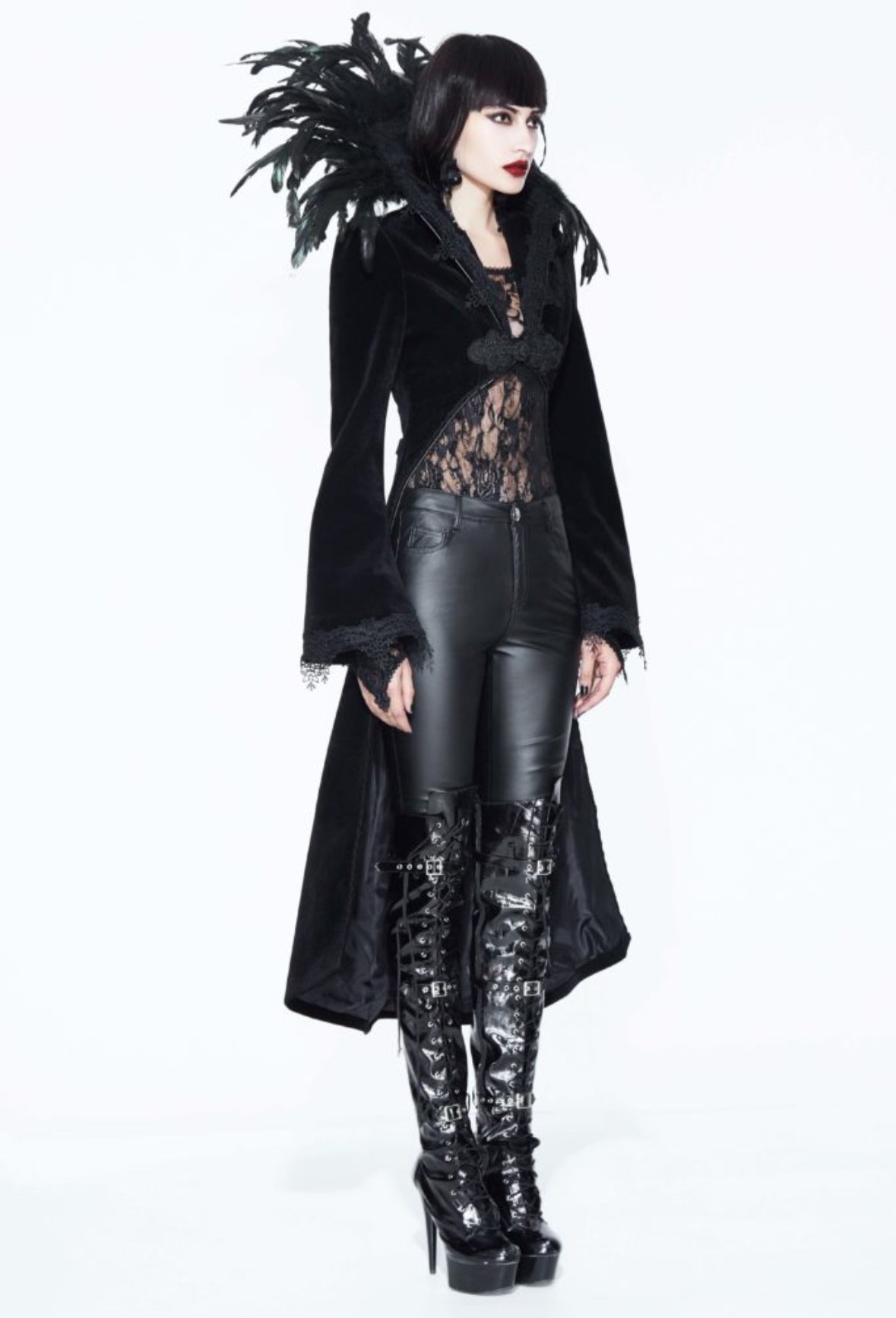 Gothic Velvet Jacket with Feather Collar