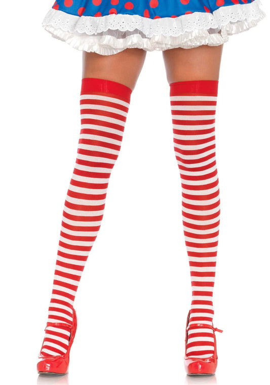 Striped Nylon Thigh Highs - White/Red