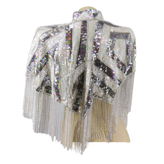 Sequin Cape with Collar & Fringing - White & Silver