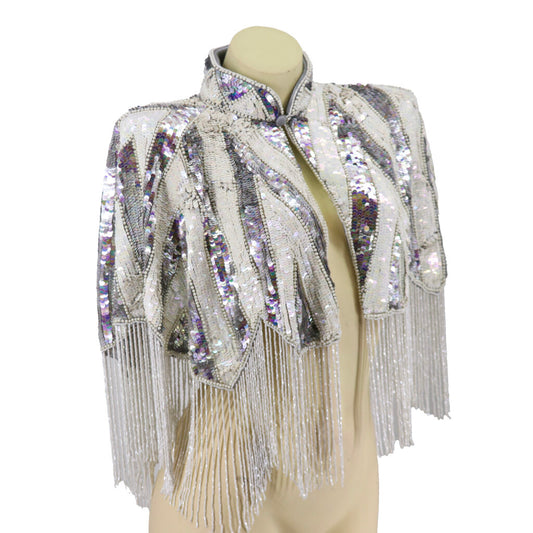 Sequin Cape with Collar & Fringing - White & Silver