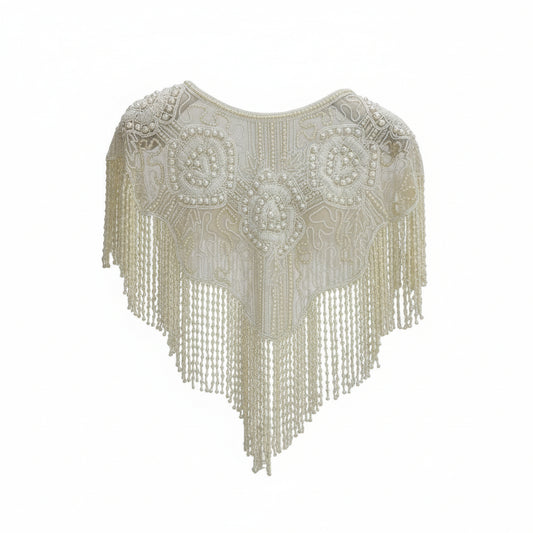 Beaded Pearly Cape with Fringing - Cream