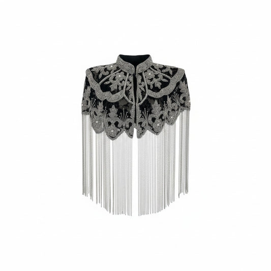 Beaded Cape with Collar & Fringing - Silver & Black