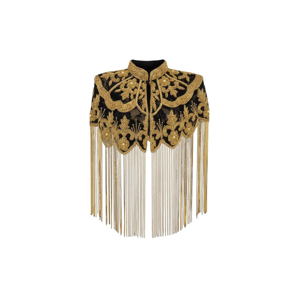 Beaded Cape with Collar & Fringing - Gold & Black COMING SOON