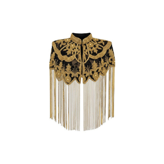 Beaded Cape with Collar & Fringing - Gold & Black