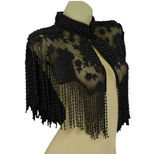 Beaded Pearly Shawl with Collar & Fringing - Black
