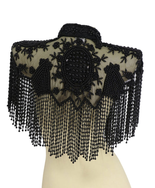 Beaded Pearly Shawl with Collar & Fringing - Black