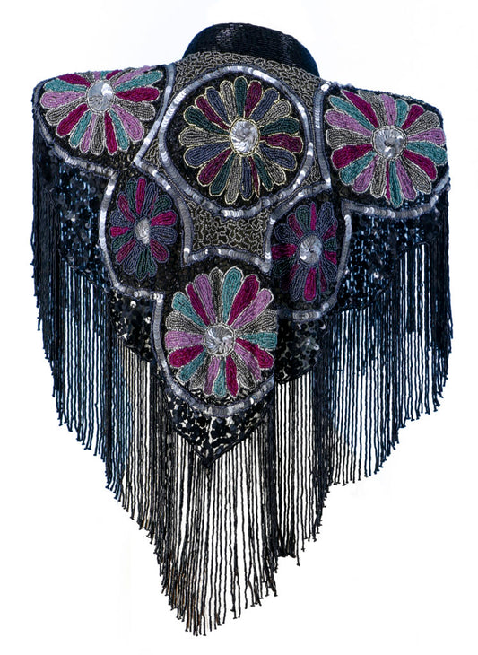 Beaded Floral Cape with Fringing - Jewel